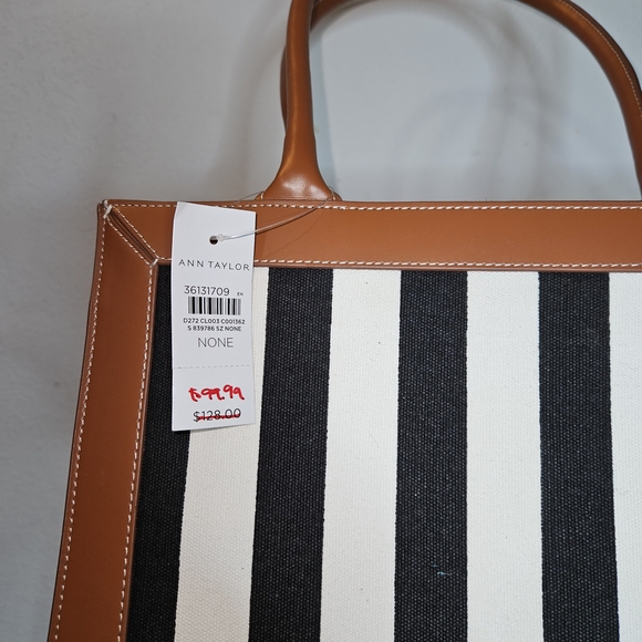 Striped Canvas Tote with Tan Leather Trim - Picture 3 of 4
